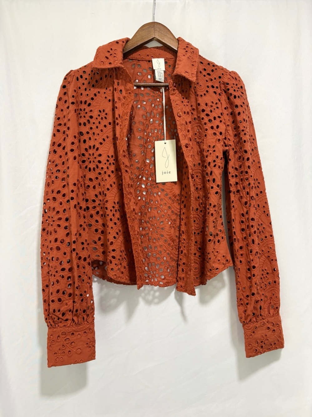 Joie Eyelet Lace Button Front Blouse Rust Orange Cotton Boho XS NWT - Picture 2 of 7